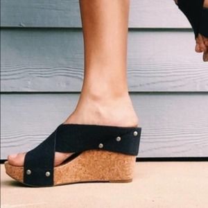 Lucky Brand Black Strappy Miller2 Cork Wedge Sandal Sz.7